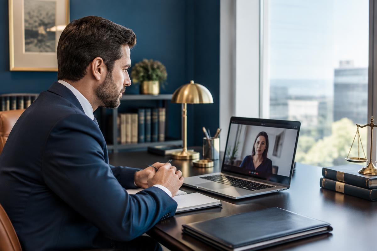 Advogado realizando atendimento jurídico por videochamada