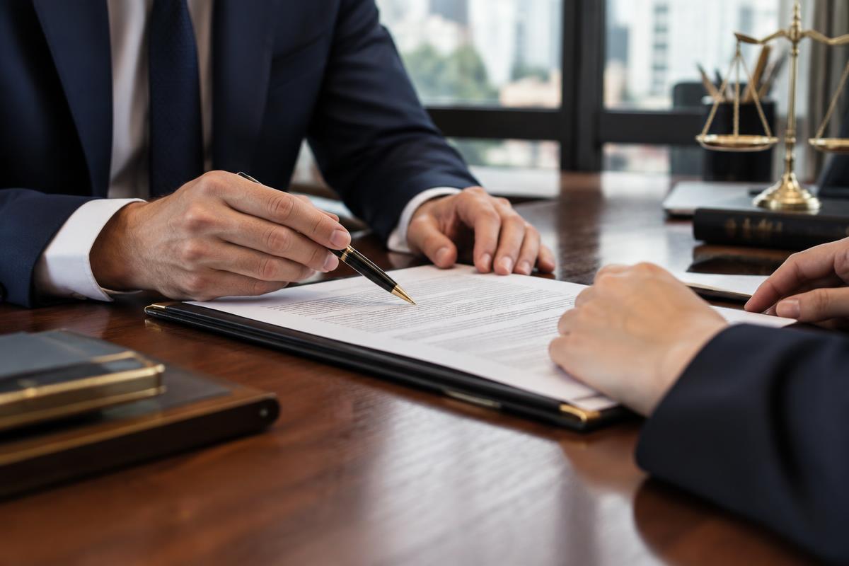 Profissional e cliente analisando contrato